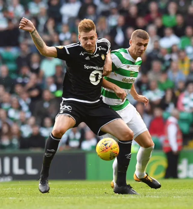 Rosenborg's Nicklas Bendtner (left) battles with Celtic's Jozo Simunovic