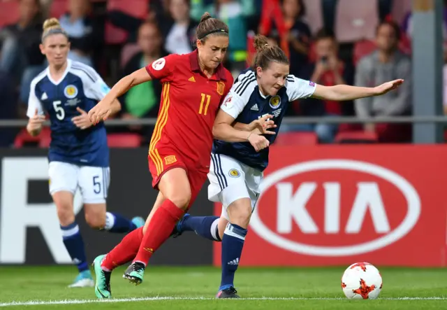 Scotland's Frankie Brown vies with Spain's Alexia Putellas