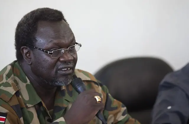 South Sudanese rebel leader and former vice president Riek Machar addresses a meeting of the Sudan People's Liberation Movement (SPLM) in the Upper Nile state in South Sudan on April 15, 2014.