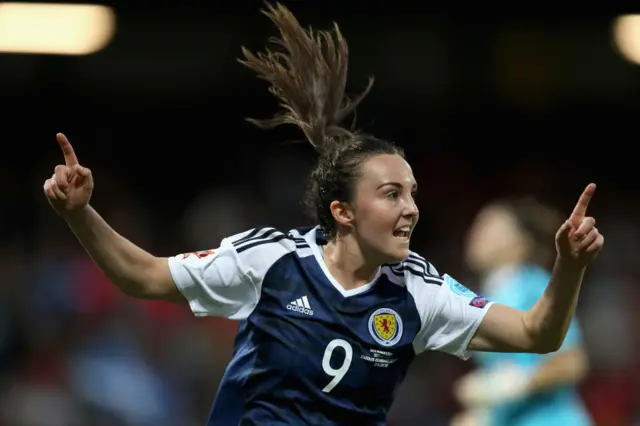 Caroline Weir celebrates Scotland's goal against Spain