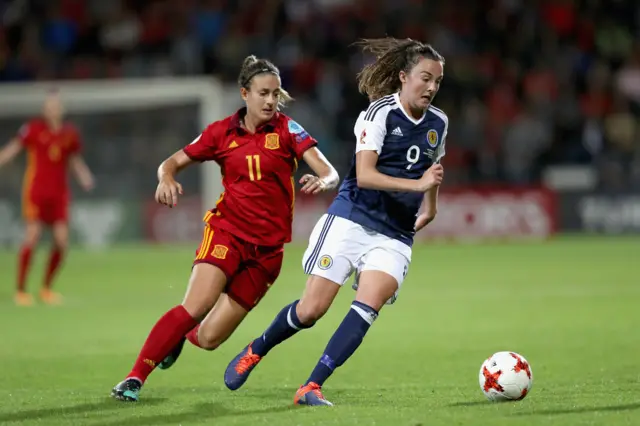 Alexia Putellas of Spain and Caroline Weir of Scotland