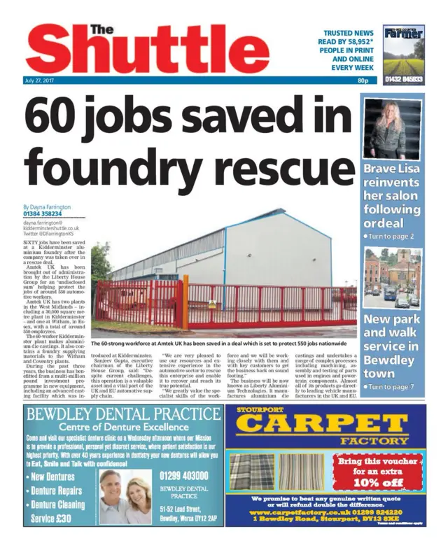 Kidderminster Shuttle front page