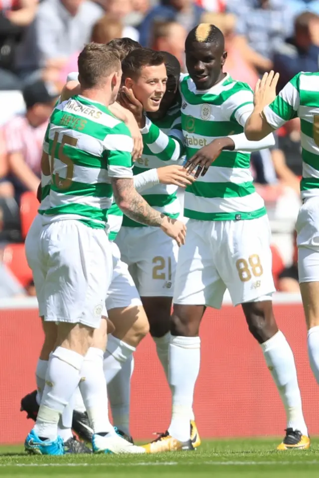 Celtic celebrate a goal for Callum McGregor (centre) against Sunderland