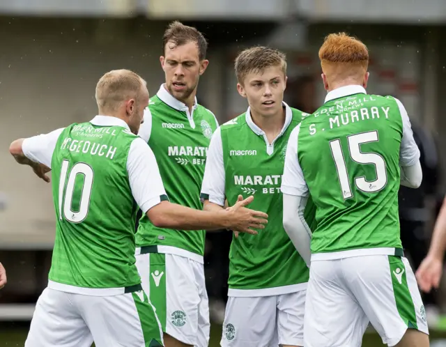 Hibs celebrate Fraser Murray's goal