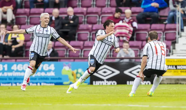 Joe Cardle (centre) celebrates his goal for Dunfermline against Hearts