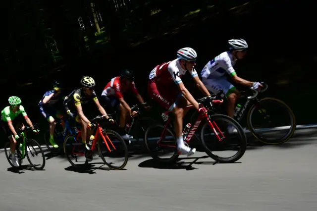 France"s Romain Hardy, Germany"s Nils Politt, Australia"s Adam Hansen, France"s Romain Sicard, Belgium"s Frederik Backaert and USA"s Nathan Brown ride in a breakaway