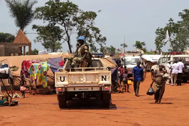 UN peacekeepers from Gabon patrol in the Central African Republic town of Bria on June 12, 2017. After a renewed flare of violence in the region of Bria,