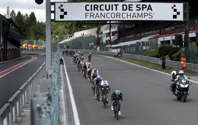 The pack of riders in action at the Formula One circuit of Spa Francorchamps,