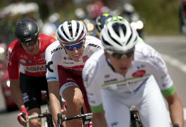 Team Katusha Alpecin rider Nils Politt of Germany (C) together with Direct Energie team rider Romain Sicard of France (L) and Team Fortuneo Oscaro rider Romain Hardy of France (R)