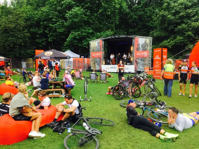 RideLondon finishes gather in front of the stage in Green Park