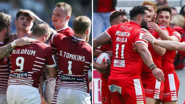 Wigan and Salford celebrate their Challenge Cup quarter-final successes