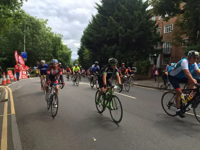 Riders climbing Wimbledon Hill in the RideLondon 100