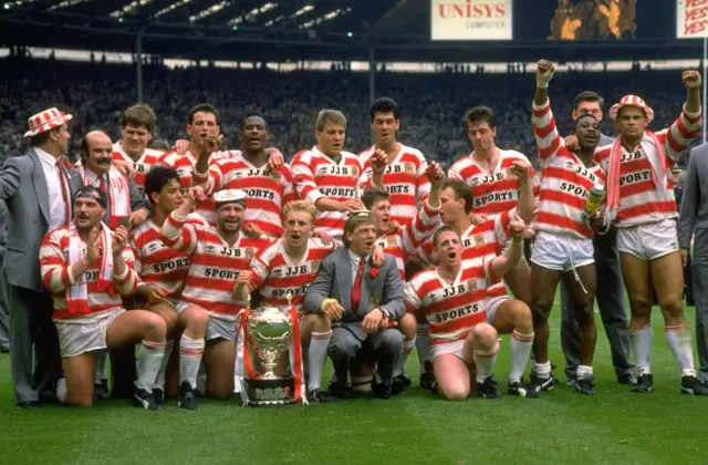 Wigan celebrate the 1988 Challenge Cup win against Halifax