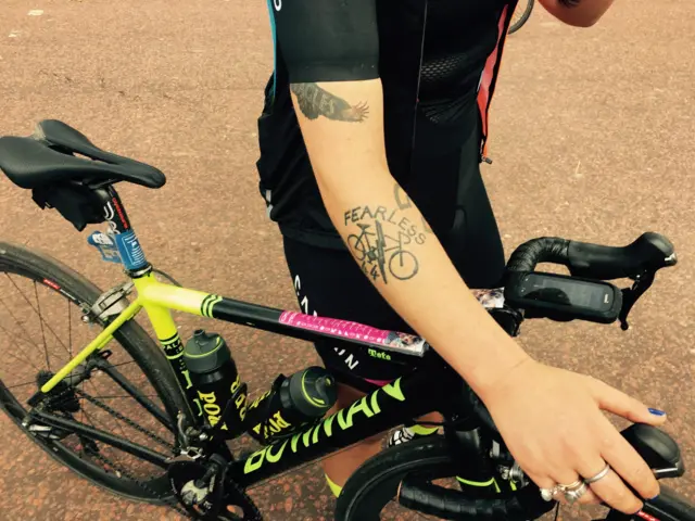 Cycling tattoo on display at the finish line of RideLondon