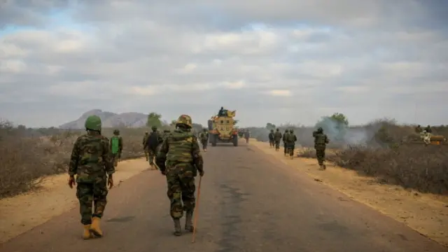 African Union-United Nations Information Support team handout 27 February 2012, Ugandan soldiers serving with the African Union Mission in Somalia (AMISOM) walk along a road during an advance on the central Somali town of Buur-Hakba.