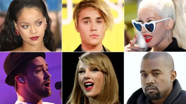(top l-r) Rihanna, Justin Bieber, Christina Aguilera (bottom l-r) Justin Timberlake, Taylor Swift and Kanye West