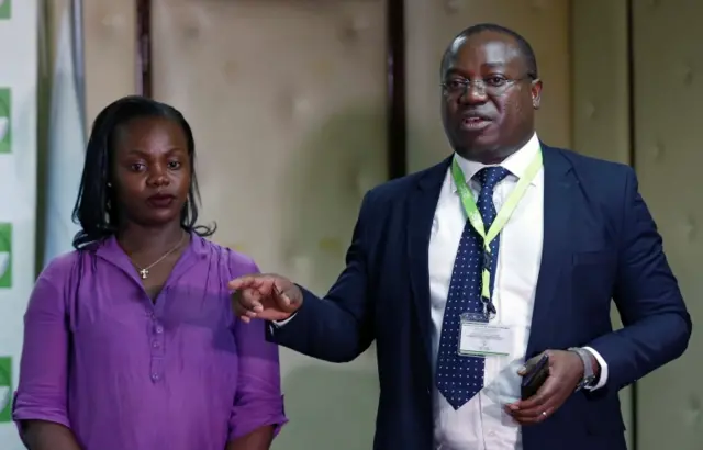 Kenyan Independent Electoral and Boundaries Commission (IEBC), Information and Communication Technology (ICT) Director, Chris Musando and Pamela Awiti of Safran Morpho, address a news conference at the commission"s headquarters in Nairobi, Kenya, July 6, 2017.