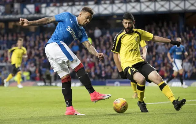 James Tavernier gets a cross in against Progres Niederkorn in the first leg at Ibrox