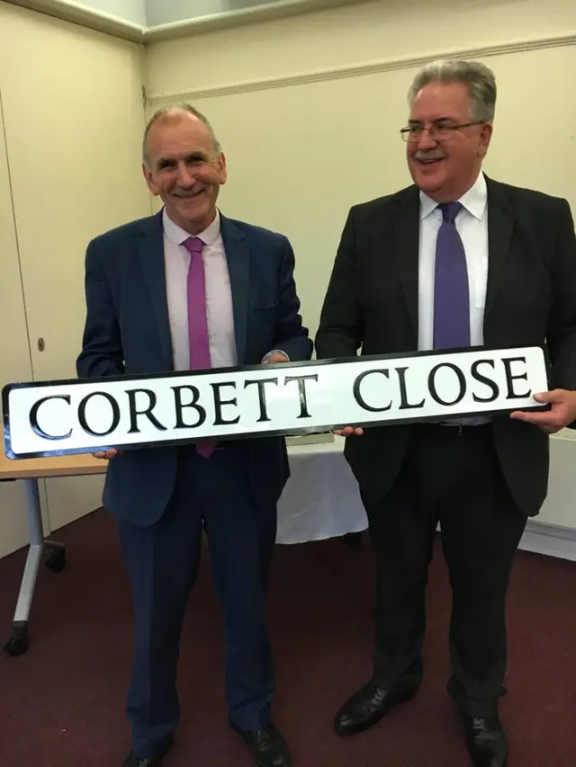 Two men with street sign