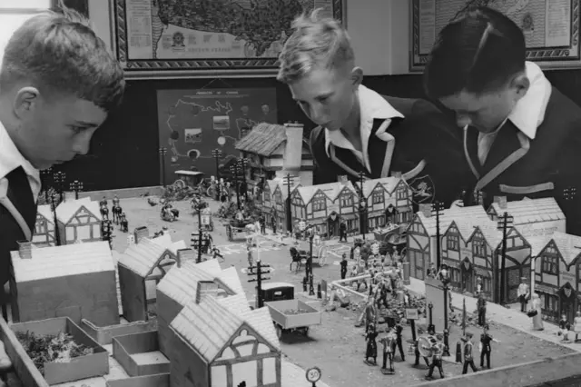 July 1935: A model street being used for road safety lessons at Lancing House school, Lowestoft, Suffolk.