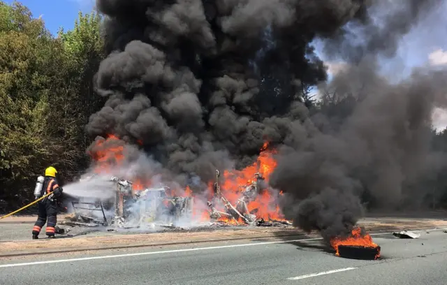 Bus fire on A11