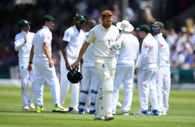 England's Jonny Bairstaw walks out after being given out lbw