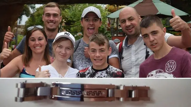 Composite image of Moss family with photo of silver bracelet underneath