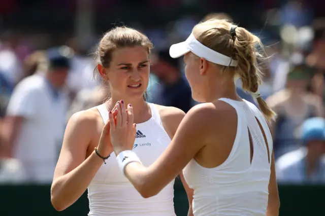 Harriet Dart and Katy Dunne during their ladies' doubles first round match