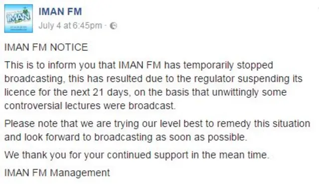 Facebook message from Iman FM