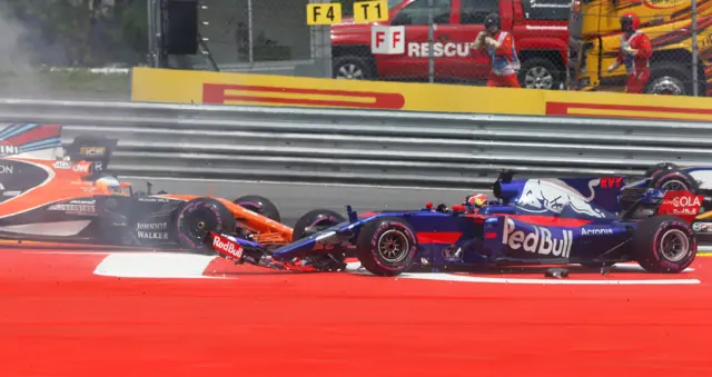 Daniil Kvyat collides with Fernando Alonso