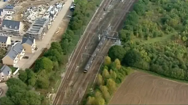 Aerial view of train on rail line