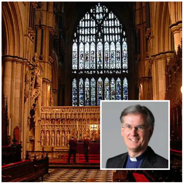 The altar at Beverley Minster with an inset of the Reverend Canon Jonathan Baker