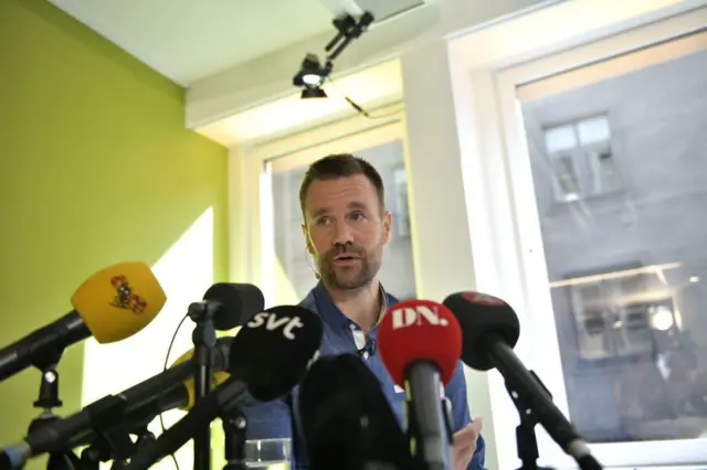 Swede Johan Gustafsson gives a press conference at the Swedish library Association in Stockholm on August 10, 2017