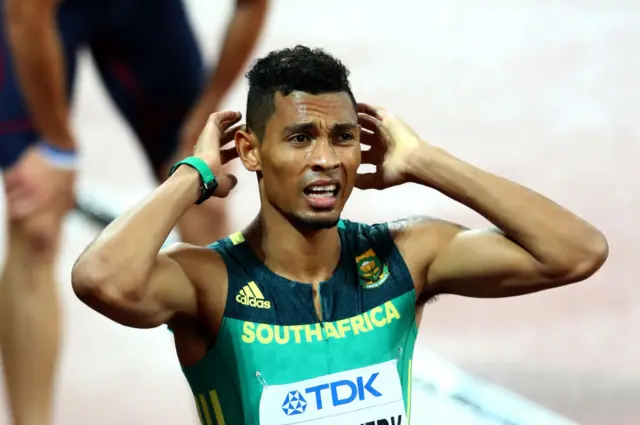 Wayde van Niekerk of South Africa reacts after competing in the Men's 200 metres semi finals during day six of the 16th IAAF World Athletics Championships London