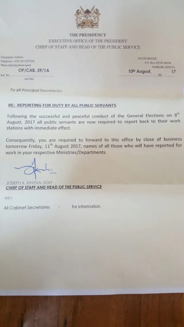 Letter from head of Kenya civil service