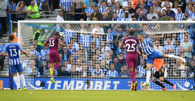 Gabriel Jesus heads at goal