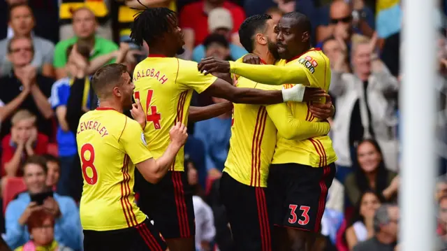 Stefano Okaka of Watford celebrates