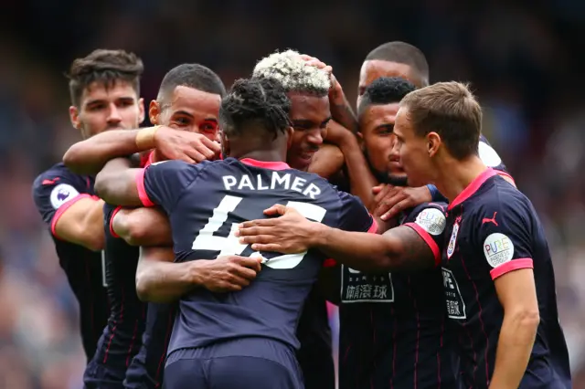 Steve Mounie of Huddersfield Town celebrates