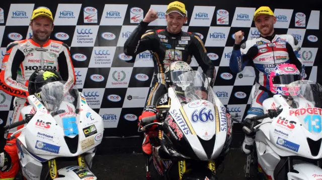 Bruce Anstey (left), Peter Hickman (centre) and Lee Johnston (right) occupied the podium spots in both Supersport races