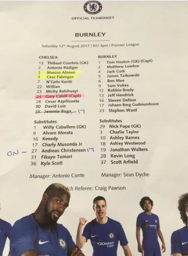 Team-sheet at Stamford Bridge