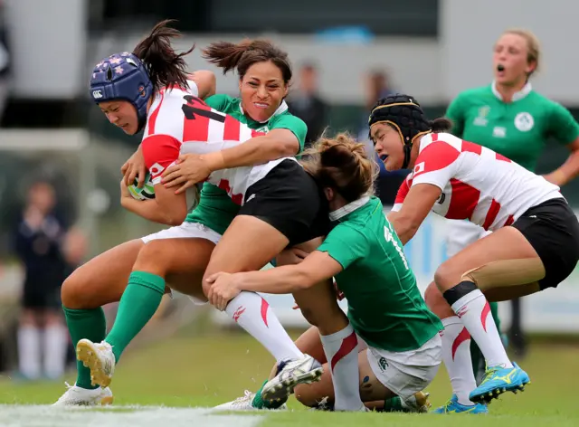 Ireland's Katie Fitzhenry and Sene Naoupu combine to try and halt the progress of Japan's Iroha Nagata