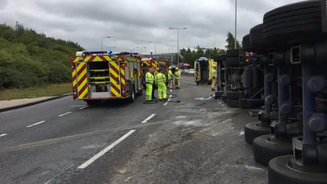 The overturned lorry on A50