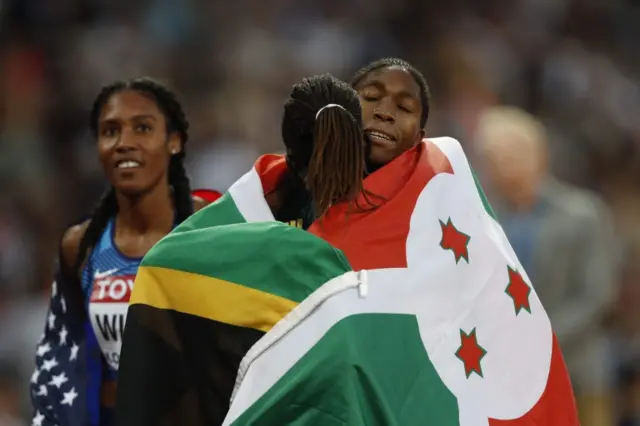 Caster hugging Burundian athlete