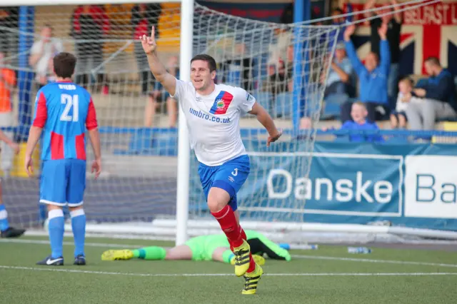 Mark Haughey celebrates after scoring to give Linfield the lead against Ards