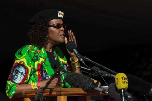 This file photo taken on June 02, 2017 shows Zimbabwe first lady Grace Mugabe addressing the crowd during a Zimbabwe ruling party Zimbabwe African National Union