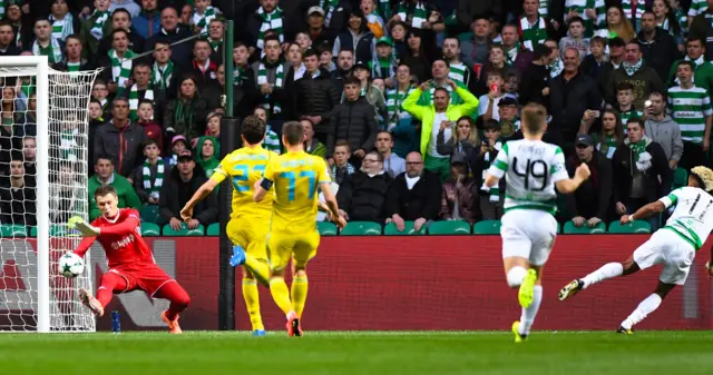 Scott Sinclair slides a shot past Aleksandr Mokin to put Celtic in command