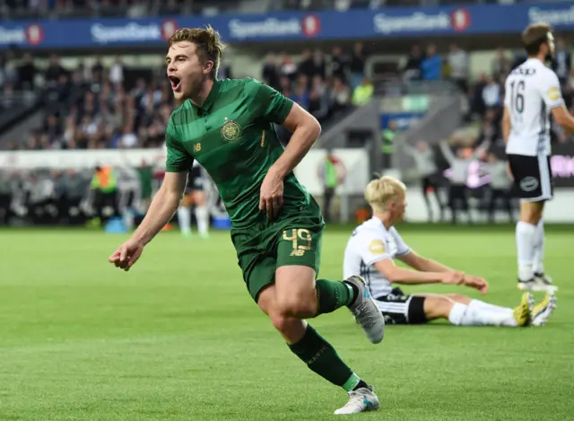 James Forrest celebrates his goal against Rosenborg