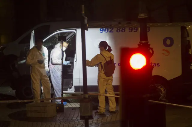 Forensic police inspect a van beleived to have been used in the attack in Las Ramblas in Barcelona,