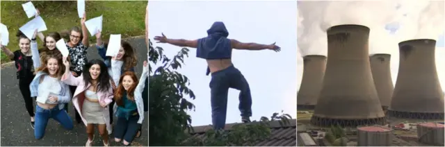 Teenagers getting Alevel results, man on a roof & Drax power station