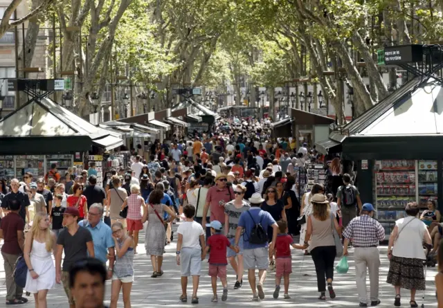 A stock image of the busy Las Ramblas street in Barcelona